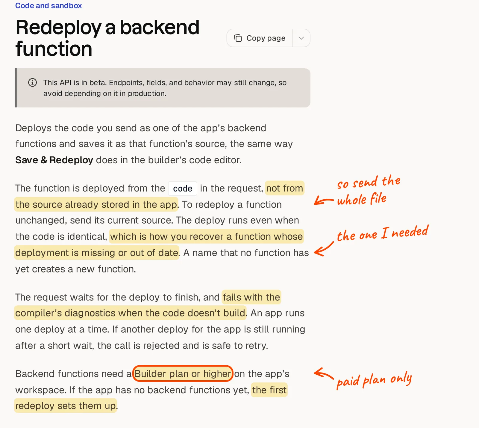 Base44's docs for Redeploy a backend function: it deploys the code you send, recovers a missing deployment and needs Builder or higher